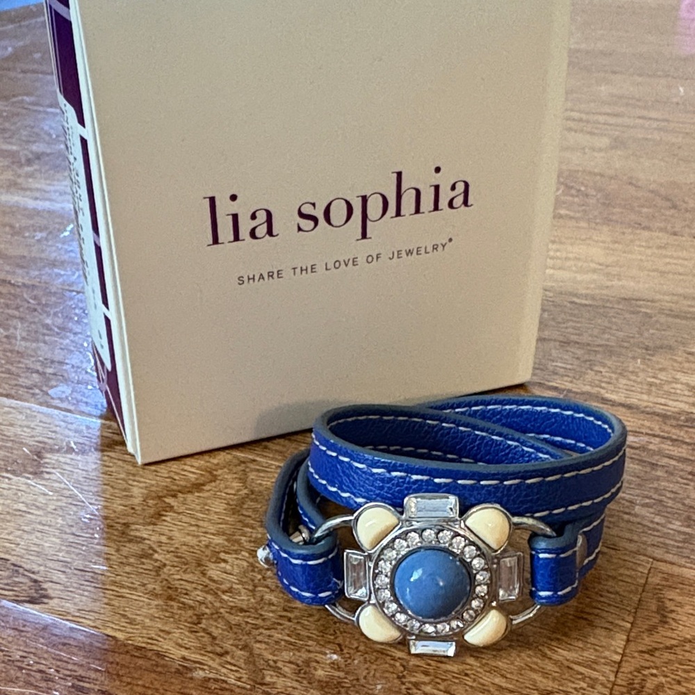 Lia Sophia Blue and Cream Leather Wrap Bracelet with Decorative Cabochon